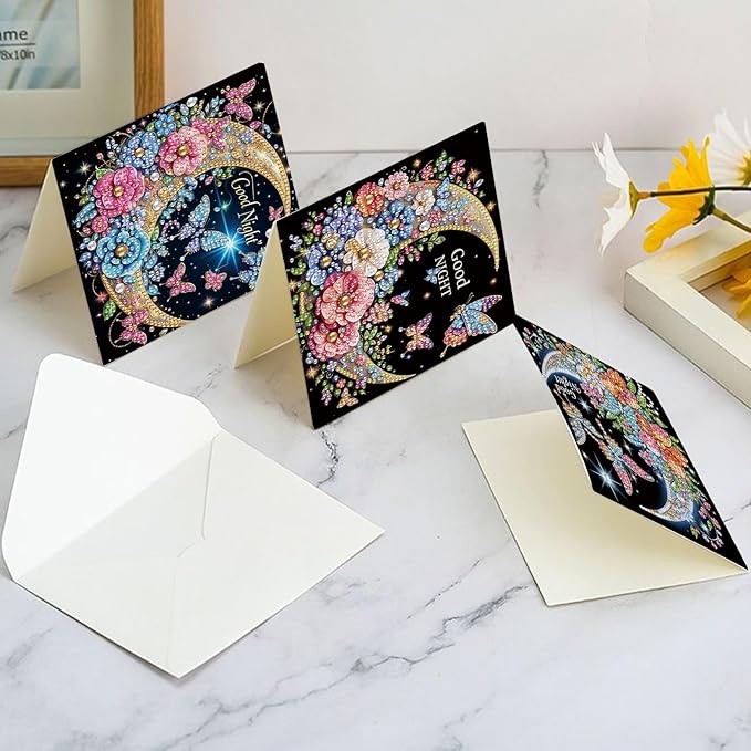 6 Pcs 5D Rhinestone Painting Greeting Cards Kits, Handmade Festival Greeting Cards with Envelopes Holographic Shimmer Design DIY Diamond Art Crafts Birthday Cards for Adults (Butterfly Moon)