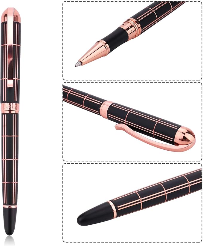 Rose Gold Gel Ink Rollerball Pen-Geometric Stripe Style Copper Grip Metal Pens in Gift Box with 1 Extra Refill,Christmas gift for Women &Men (Black Ink, 0.7mm Fine Point)
