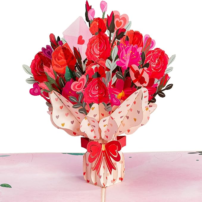 Paper Love 3D Pop Up Card, Love Flower Bouquet Pop-Up Cards, for Birthday, Anniversary, Mothers Day, Thank You, Get Well, All Occasion - 5" x 7" Cover - Includes Envelope and Note Tag