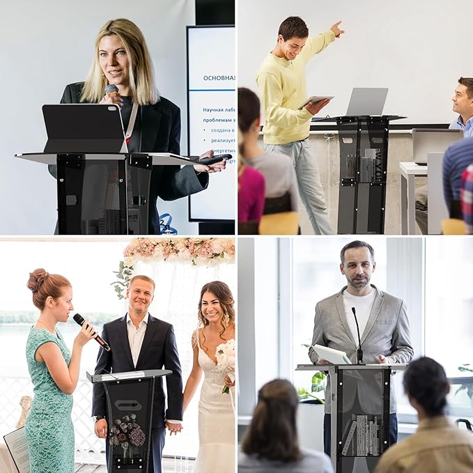 Acrylic Podium Stand，49“ Tall Portable Podium with Lockable Wheels, Black lecterns & Podium with Storage Shelf for Classroom, Pulpit Podium for Church,Wedding,Presentation
