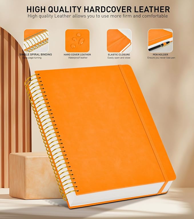 A4 Spiral Notebook Journal 8.5” x 11”, 256 Numbered Pages Hardcover Leather Journals for Women Men, Large Lined College Ruled Notebooks, 100GSM Thick Paper, Spiral Bound Journal for Work School Orange
