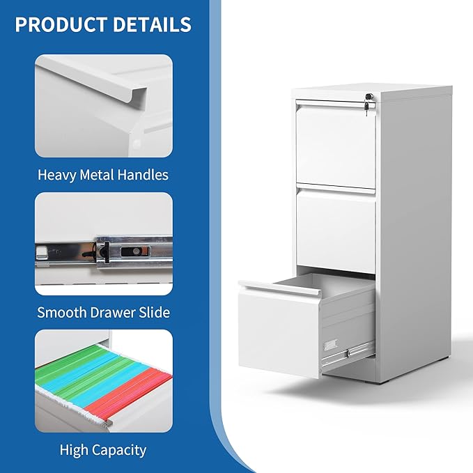 3 Drawer File Cabinet with Lock, Vertical Filing Cabinets for Home Office, Locking File Cabinet Hanging Files for A4/ Legal/Letter, Require Assembly, White