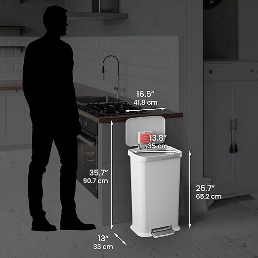 iTouchless SoftStep 13.2 Gal / 50L Step Pedal Kitchen Trash Can with Odor Filter, Durable Dent-Proof Construction and Stainless Steel Trim, Garbage Bin with Lid for Home Office, Bedroom, White Plastic