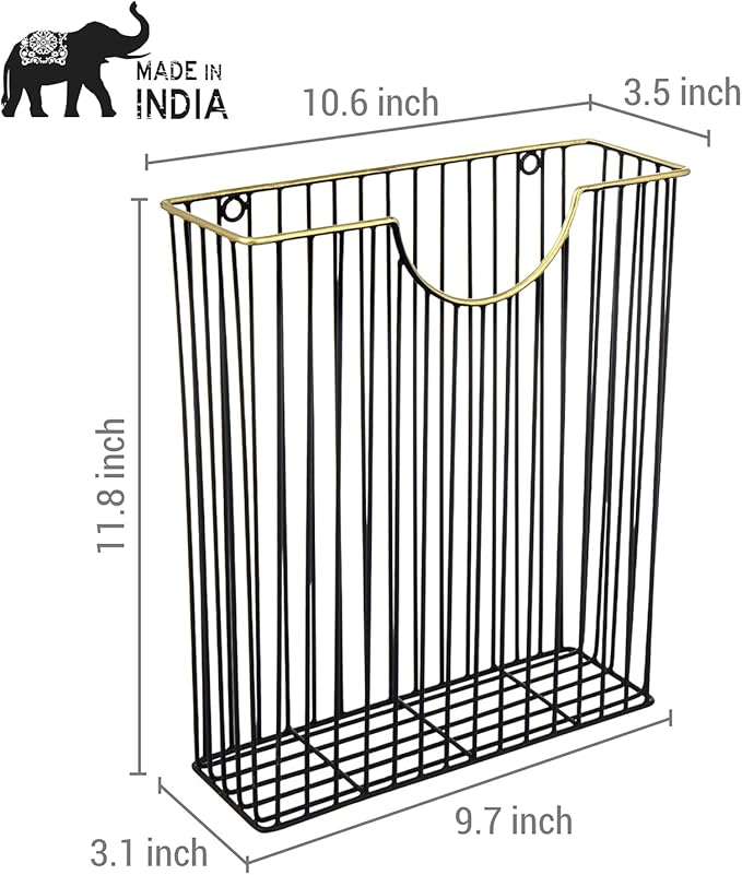 MyGift Art Deco Style Matte Black Metal Wire Magazine Rack with Brass Tone Rim - Wall Mounted Holder Storage Basket for Mail - Handcrafted in India