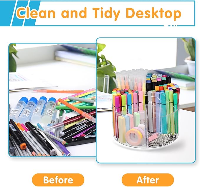 Acrylic Pen Holder, 360 Degree Rotating Pen Organizer, Rotating Desk Acrylic Office Organizer with 6 Compartments, Marker Organizer for Kid, Crayon Caddy School Art Supply Storage Organizer