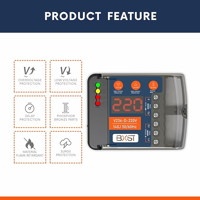 BXST Heavy Duty Wiring Surge Protector with LED Display Adjustable Voltage & Delay Protection, 220V, 30A, 6600W Max, 140J Surge Protection for Refrigerators, Air Conditioning, Motors, Pumps