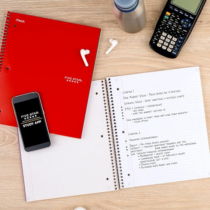 Five Star Spiral Notebook + Study App, 3 Subject, College Ruled Paper, Fights Ink Bleed, Water Resistant Cover, 8-1/2" x 11", 150 Sheets, Red (72065)