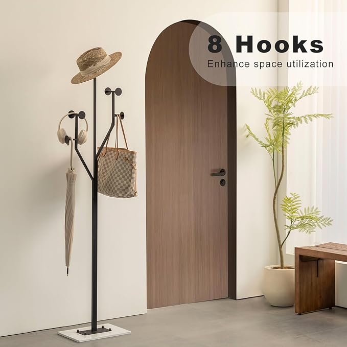 Heavy Duty Coat Rack Tree-shaped Metal Freestanding Coat Tree with Sturdy Marble Base Corner Coat Rack for Bedroom Entryway Hallway 14.96 x 10.24 x 68.9 Inches (Black)
