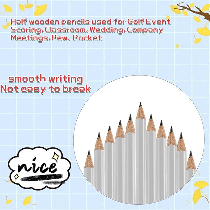 Adhere 50pcs Golf Pencils with Eraser Round Wooden half Pencils Graphite 2B for Golf Event Scoring, Classroom, Wedding, Pew, Pocket | Free Pencil Sharpener (White)