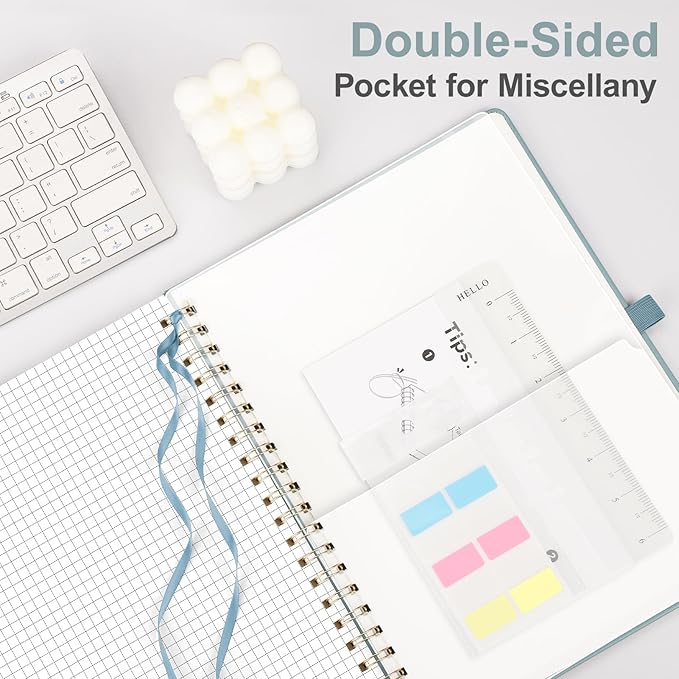 AHGXG Graph Paper Notebook - Spiral Notebook 8.5" x 11", A4 Large Hardcover Leather Journal Grid Notebook, 100 gsm Thick Graph Paper,Journals for School Writing Graphing Engineering Math, GrayBlue