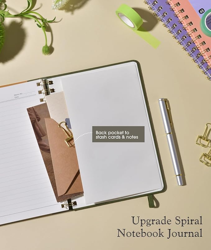 Lined Spiral Journal Notebook, A5 Hardcover Spiral Journals for Women Men, 150 Numbered Pages Spiral Bound Notebook, 100 GSM College Ruled Notebooks for Work, Note Taking 5.75" x 8.38", Olive Green