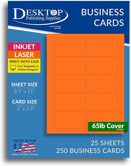 Colored Business Cards - 25 Sheets / 250 Business Cards - Inkjet & Laser - 10 per sheet (Bright Orange)