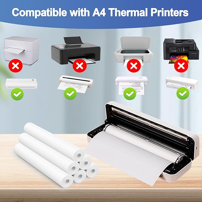 Potanro Thermal Printer Paper A4 Printing Paper Quick-dry Thermal Paper 8.3''x23'' Thermal for Portable Printer(6 Rolls)