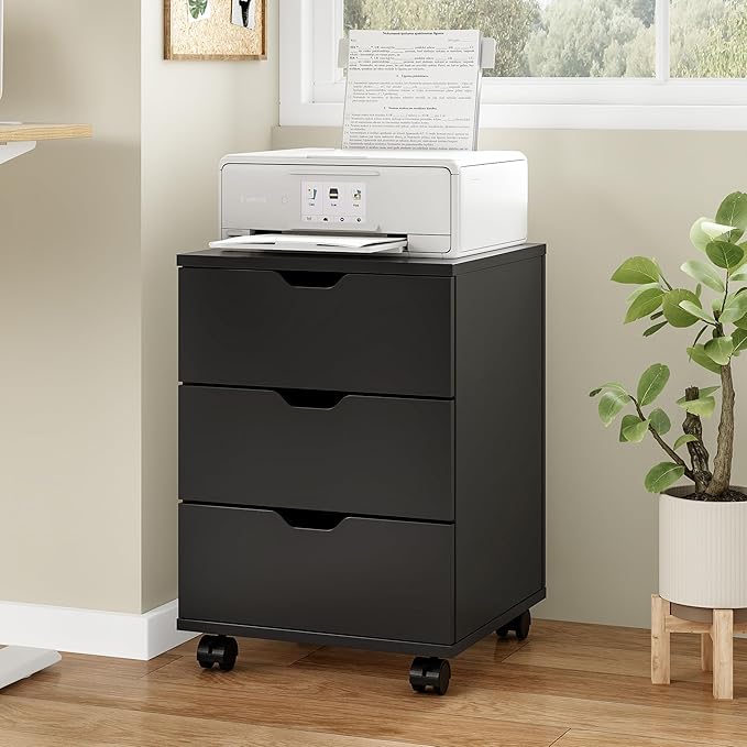 Farini 3-Drawer Under Desk Wooden File Storage Cabinet with Lockable Caster for Home Office,Black,Fully Assembly