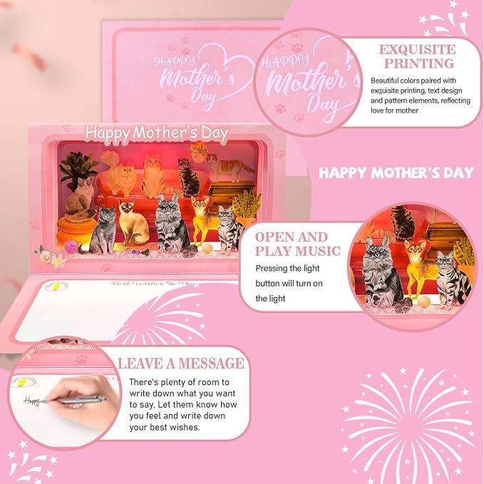 4D Pop Up Mothers Day Card with ligh, Cat Mother's Day Card For Mom, Living Room, Cat Themed (Cat Mother's Day Card)