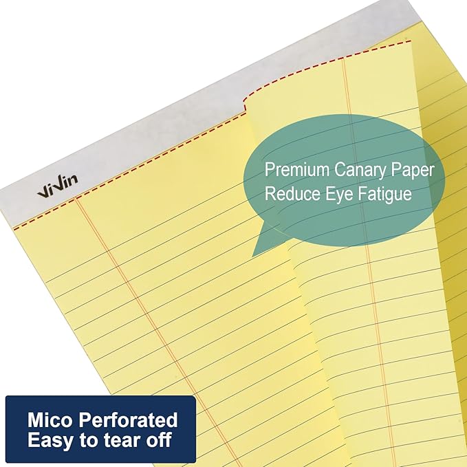 ViVin Legal Pads 8.5 x 11 Inch, Wide Ruled Note Pads, 12 Pack, 50 Sheet/Pad, Perforated Writing Pads, Notepads for Office Home School, 600 Sheets (12 Pack of 50), Canary Yellow Paper