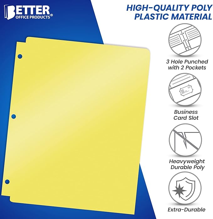 Better Office Products 3 Hole Punch Pocket Folders, Bulk Pack, Sturdy Plastic 2 Pocket Folders, Assorted Pastel Colors, Letter Size, with Business Card Slot,(12 Pack)