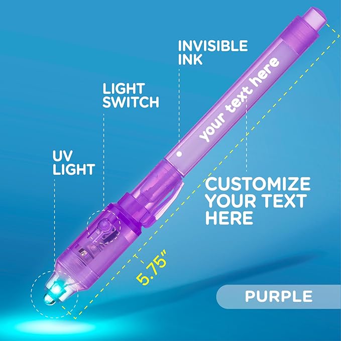 Personalized Invisible Disappearing Ink Pen Marker, Custom Secret Spy Message Writer with UV Light, Fun Activity for Kids Party Favors Gifts and Stock Stuffers, 24 Pack, Purple