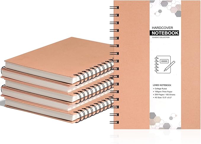 6 Pack Spiral Notebooks 5.83"x8.27", 200 Pages A5 Spiral Notebook Journal, with Kraft Hard Cover, Ruled Lined Paper, for Work, School, College Students, Gifts