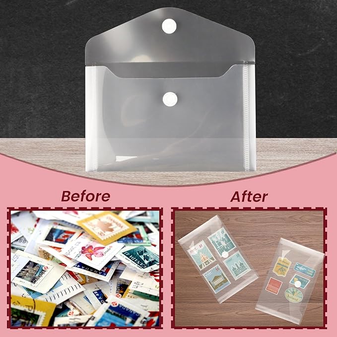 Vmiapxo 40 Pack Stamp and Die Storage Pockets, Reusable Small Plastic Envelopes Waterproof Sticker Organizer Receipt Holder Photo Storage Folders (4" x 6")