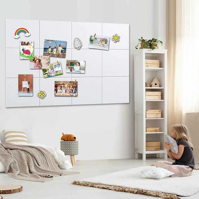 Cork Board for Walls 48" x 36" - White Bulletin Board - 12 Pack Felt Wall Tiles with Safe Removable Adhesive Tabs - Large Corkboard for Office Classroom Home Decor - Snow White