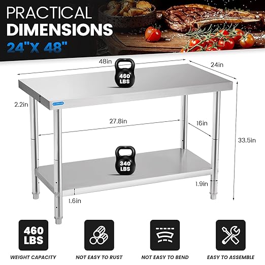 Stainless Steel Table for Prep & Work with Undershelf 24 x 48 Inches NSF Metal Commercial Kitchen Adjustable Under Shelf Worktable for Restaurant Home Outdoor