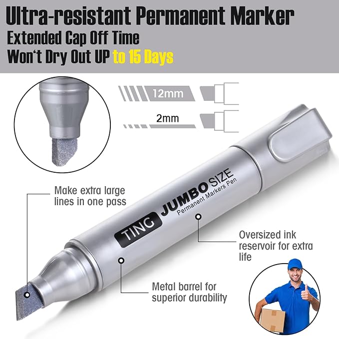 Fuutreo 10 Pack Jumbo Permanent Markers Bulk Large Chisel Tip Permanent Markers Quick Drying Waterproof Big Huge Poster Pens for Office, Logistics Company and More(Silver)