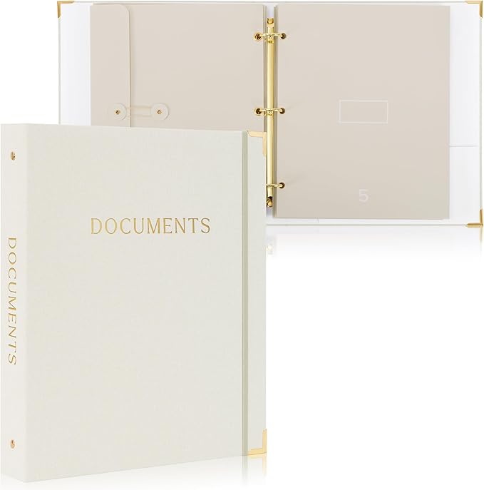 Aesthetic Document Organizer - Sturdy Linen 3-Ring Binder Safely Stores All Your Important Documents and Files in One Place - Easy to Use Expanding Storage Folder Incl. Envelopes, Pockets & Labels