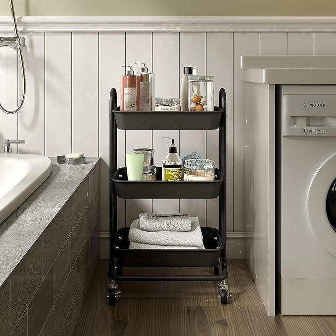 3-Tier Black Utility Rolling Cart,Kitchen Storage Carts with Wheels,Black Metal Rolling Cart for Office,Home,Kitchen,Garden（18"x11.4"x31.2"）