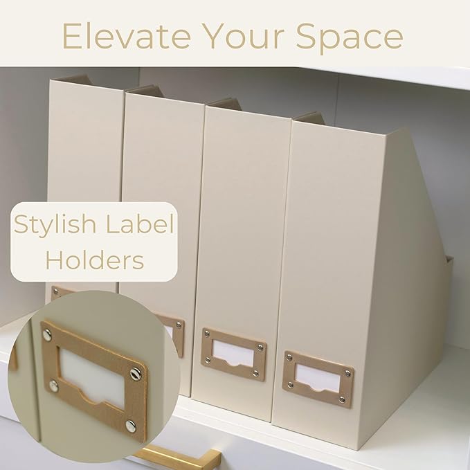BLU MONACO Set of 6 Foldable Magazine File Holders in Beige Linen – Sturdy Cardboard Vertical Organizers with Label Holders – Stylish Storage Solution for Magazines, Files, and Office Supplies