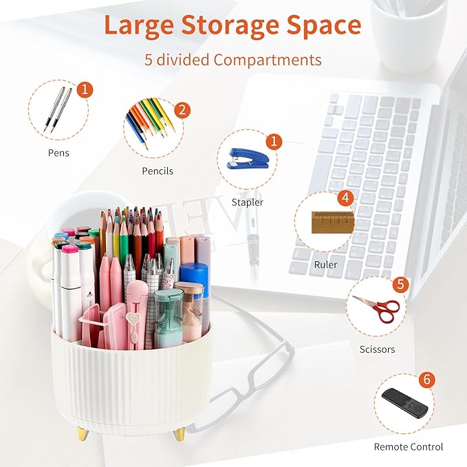 Desk Pen Holder, 5 Slot 360 Rotating Pen Organizer for Desk, Desktop Storage Stationery Supplies Organizer, Cute Pencil Cup Pot for Office, School, Home, Art Supply, Beige