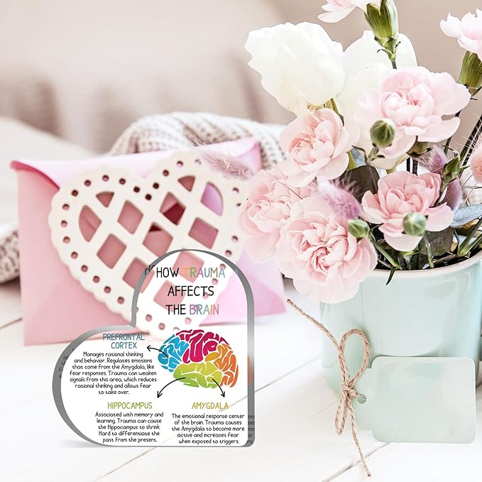 Mental Health Desk Decor, Positive Affirmations How Trauma Affects the Brain Acrylic Heart Gifts Decorations for Social Worker Therapy School Counseling Office Desktop Art Decoration
