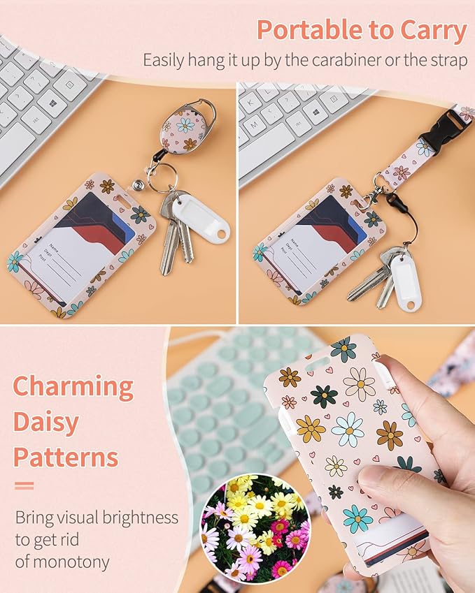 Uniclife Floral Sliding Badge Holder Colorful Flower Plastic Case with Retractable Badge Reel Carabiner Clip and Detachable Lanyard Strap Fashionable Vertical Card Protector for Women Teacher Student