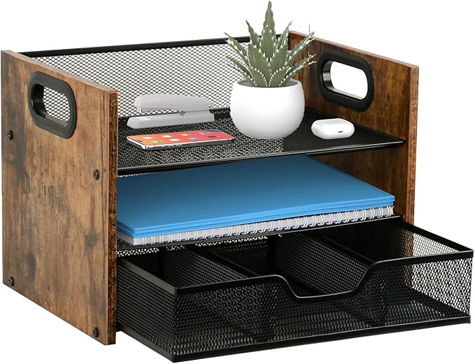 Wood Desk Organizer - 3-Tier Desktop File Organizer with Drawer, Wooden Paper Tray, Office Desk Organzier and Accessories for Papers, Mail, Notebooks, Stationery
