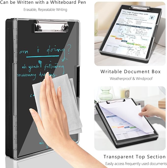 Clipboard with Storage,Heavy Duty Clip Boards 8.5x11 with 2 Storage Case,Clear Visible Top Panel Storage Clipboards,Side Opening Clip Boards,Nursing Clipboard Folder Case for Office Supplies-Black