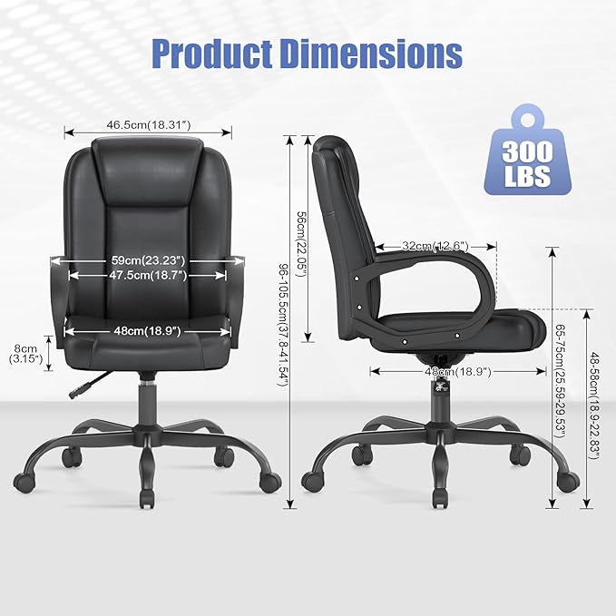 ZZH Executive Office Chair, Leather Desk Computer Chair with Armrests, Mid-Back Swivel Adjustable for Home Office, 2PC, Black