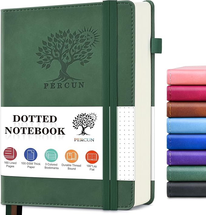 PERCUN Dotted Journal Notebook for Men & Women, 160 Pages Dot Grid notebook for Note Taking, Bullet Journaling Notebook for Work, School, Travel, Writing, A5 Hardcover 5.9" x 8.5"(Green)