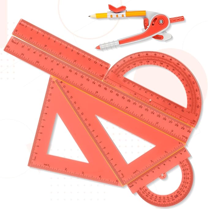 Zonon 1 Set Plastic Geometry Math Set 7 Pcs Includes 6'' / 4 '' Protractor, Drawing Compass, 45/60 Degree Triangle Rulers, 12'' / 6'' Math Ruler Transparent for Office Supplies(Orange)