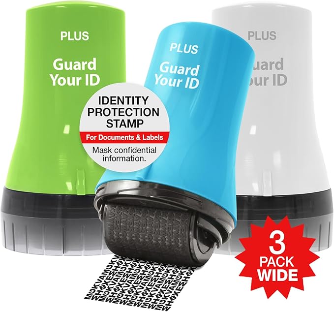Wide Advanced Security Roller by Guard Your ID, Easy-to-Use Mess-Free Identity Protection Stamp (3-Pack, Mixed Colors: Turquoise, Green, White)