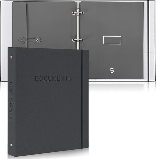 Aesthetic Document Organizer - Sturdy Linen 3-Ring Binder Safely Stores All Your Important Documents and Files in One Place - Easy to Use Expanding Storage Folder Incl. Envelopes, Pockets & Labels