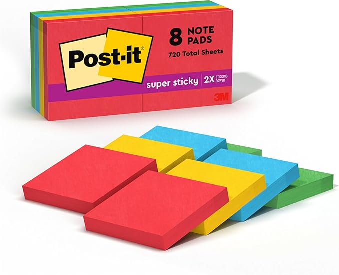 Post-it Super Sticky Notes, 8 Sticky Note Pads, 1.875 x 1.875 in., Back to School Supplies for Students, Ideal for Textbooks, Notebooks, and Vertical Surfaces, Playful Primaries Collection