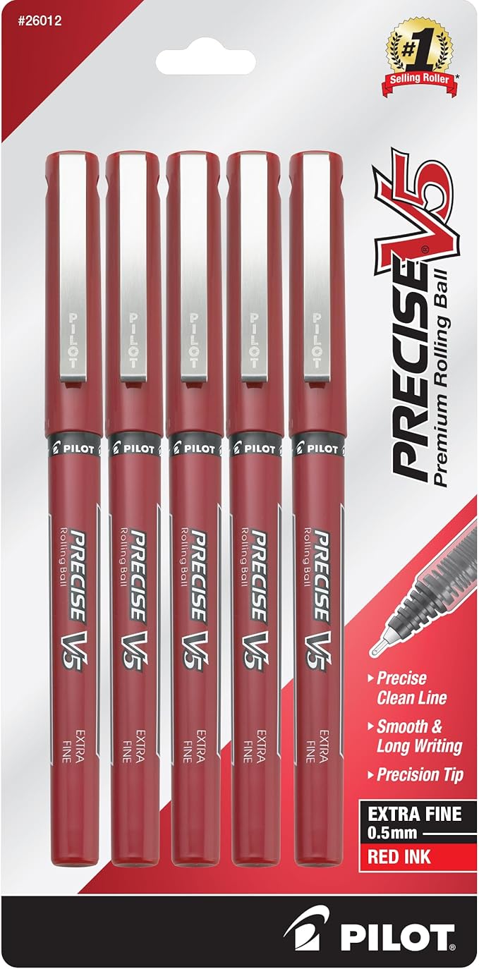 Pilot, Precise V5, Capped Liquid Ink Rolling Ball Pens, Extra Fine Point 0.5 mm, Red, Pack of 5