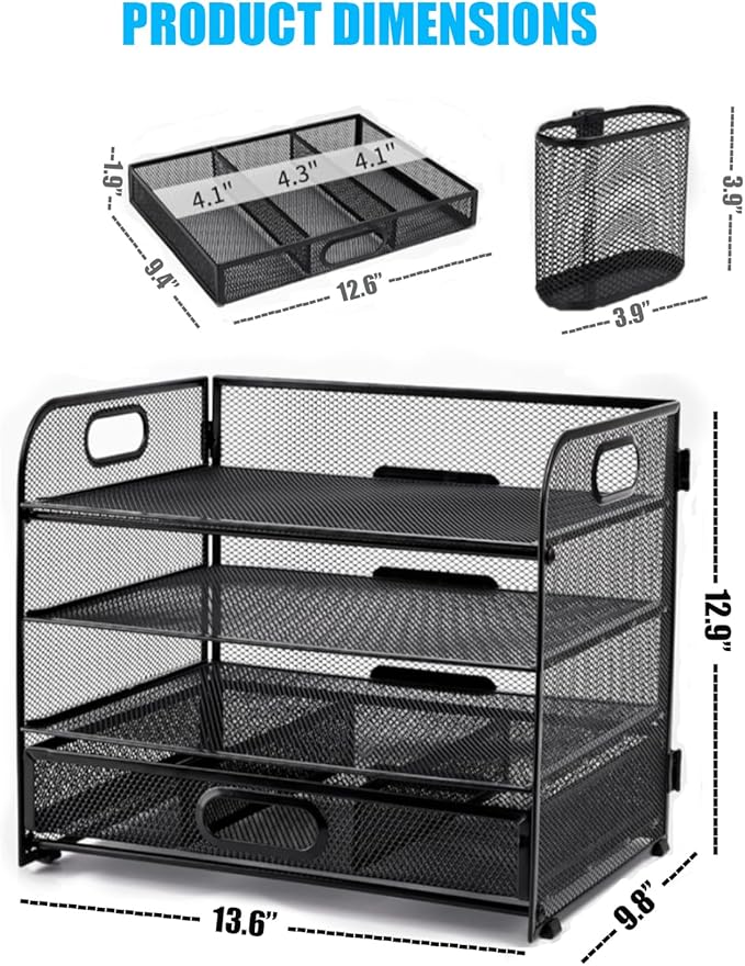 4-Tier Mesh Reader Desktop Accessory Storage,Desk File Organizer with A Sliding Drawer Two Pen Holders,Office Supplies Desk Organizer for Home Office