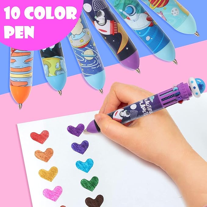 Multicolor Ballpoint Pen 0.7 mm, 10-in-1 Colored Pens Fine Point Retractable Cartoon Space Ballpoint Pens for Office School Students Kids Christmas Gift, 6 Pack