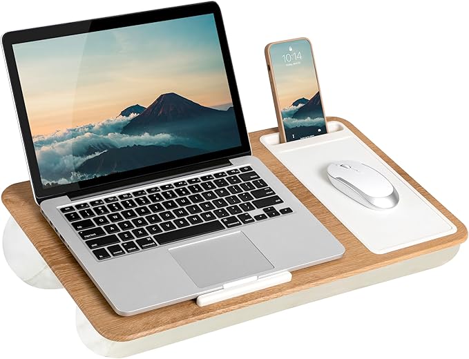 LAPGEAR Home Office Lap Desk with Device Ledge, Mouse Pad, and Phone Holder - White Oak Woodgrain - Fits up to 15.6 Inch Laptops - Style No. 91579
