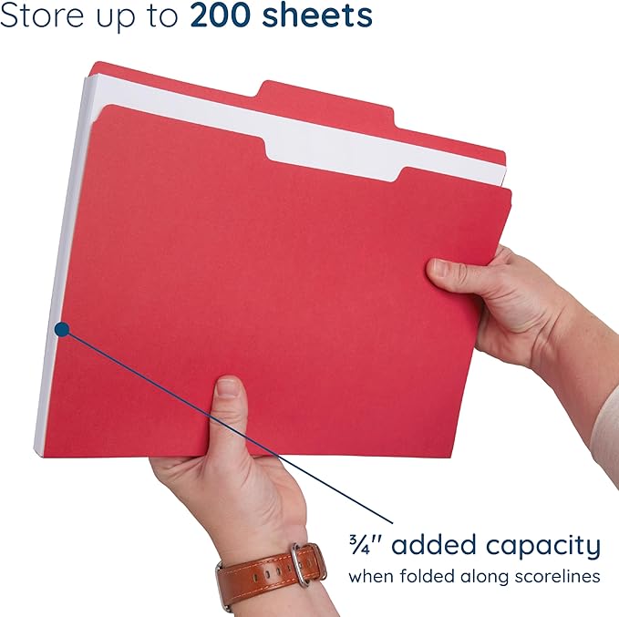 200 Blue Summit Supplies Red File Folders with 1/3 Cut Tabs, Letter Size, Durable 11pt Paper, Uncoated Red Paper, Colorful Red Folders for Office and Home Organization