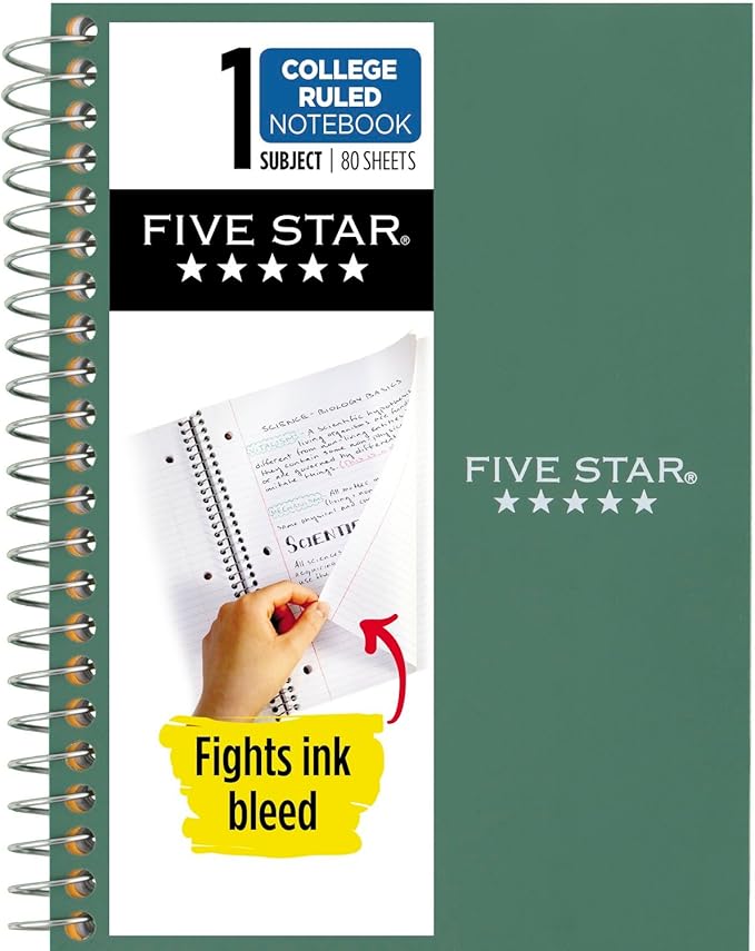 Five Star Spiral Notebook, 1 Subject, College Ruled Paper, 7" x 4-3/8", Personal Size, 80 Sheets, Green (450048CH1-ECM)