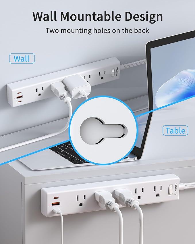 Flat Plug Power Strip, 10 Ft Ultra Thin Flat Extension Cord, Surge Protector with 5 Outlets & 3 USB Ports (2 USB C), 1700 Joules, Wall Mount, Desktop Charging Station for Home Office Dorm, White