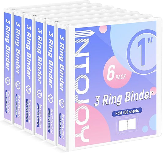 3 Ring Binder 1 Inch, IntoJoy 6 Pack Clear View 3 Hole Binder PVC-Free Fits 8.5x11 Inch Paper Flexible Round Ring Binders for School Office Home Binder Supplies (White)