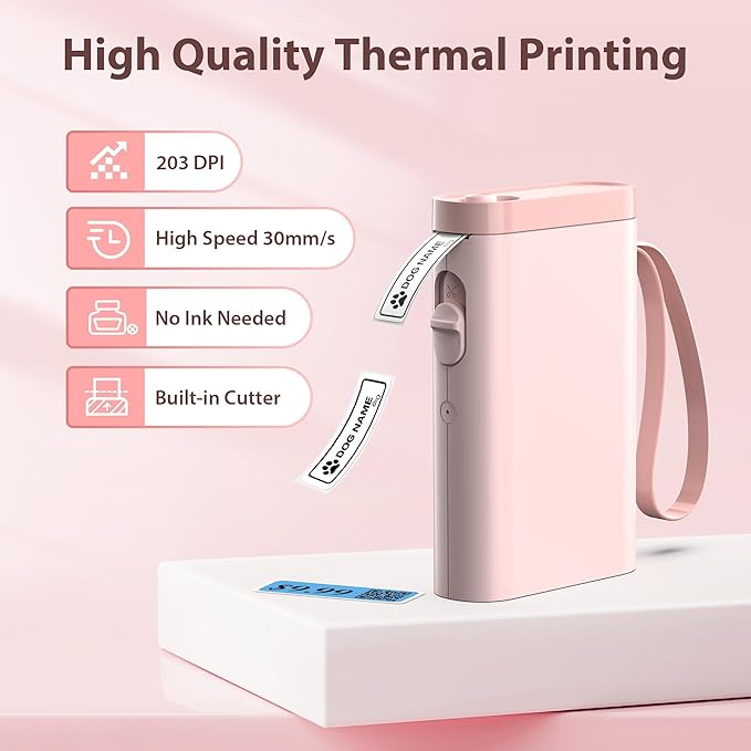 P21 Label Maker Machine with Tape, Label Printer Thermal Mini Label Makers with Built-in Cutter and Multiple Templates, Portable Printers for School, Office and Home Use (Pink), 1Pack